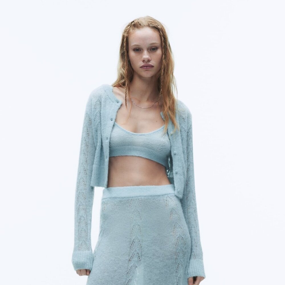 NWT New Zara Blue Pointelle Knit Alpaca Wool Top Size M